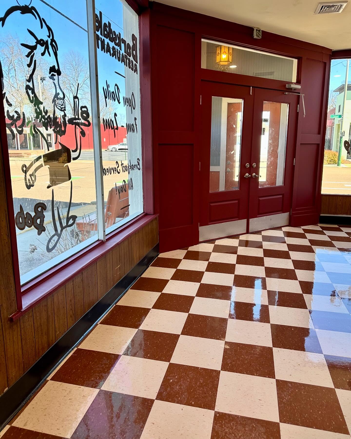 Barksdale’s diner entrance and checkerboard floor